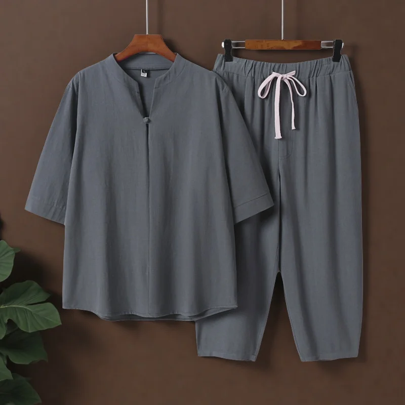 

Свободный комплект из хлопкового льна для мужчин, летние новые тонкие брюки с девятью очками, повседневный спортивный костюм, футболка ort Sve для мужчин среднего возраста