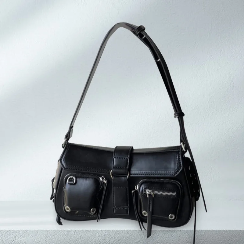 

Women Vintage Underarm Bag PU Leather Solid Color Bag Multipocket Y2K Adjustable Strap Female Commute Daily Bag