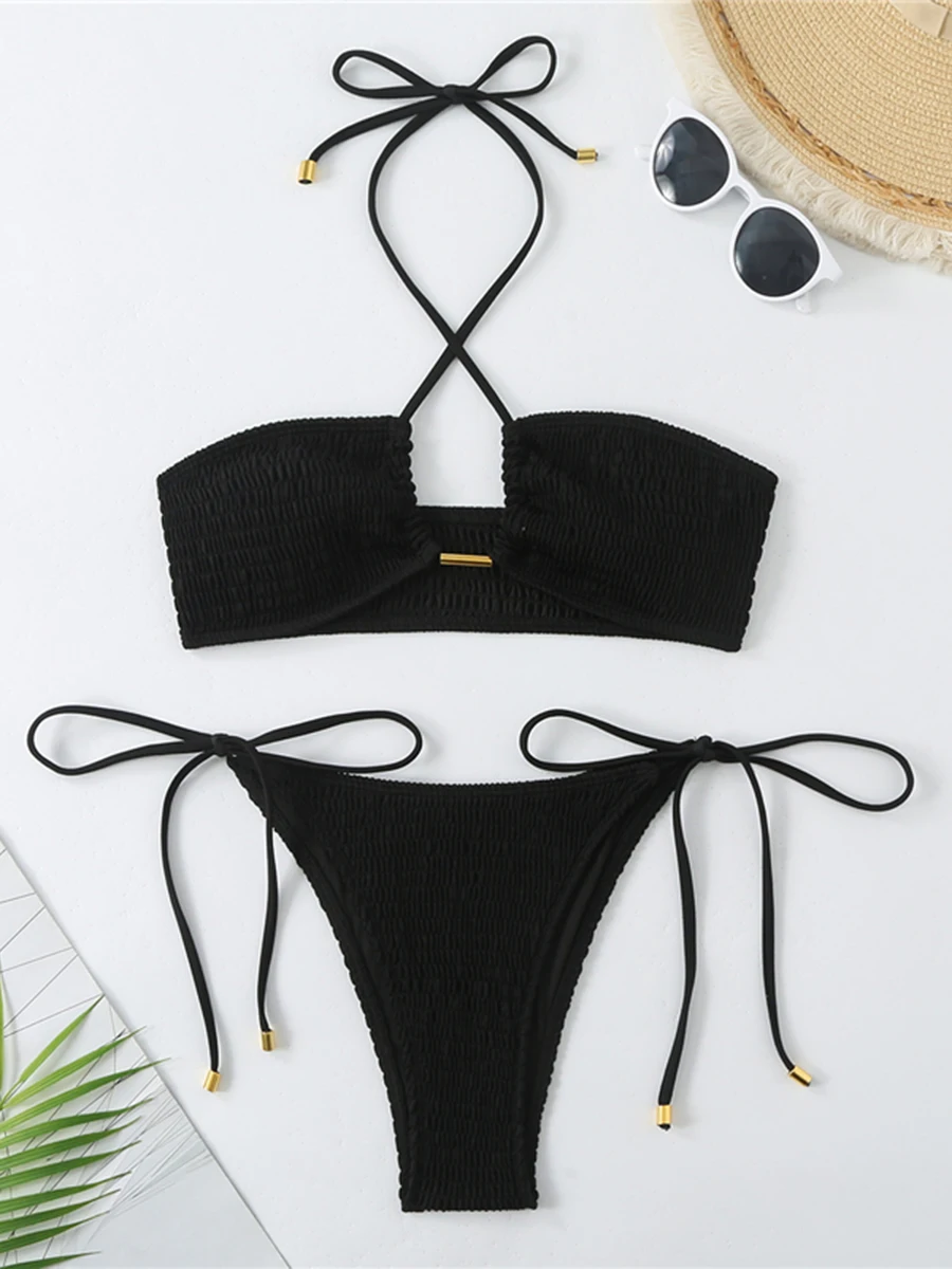 2025 홀터 스트링 비키니 솔리드 수영복 여성 섹시 수영복 여성 수영복 비치웨어