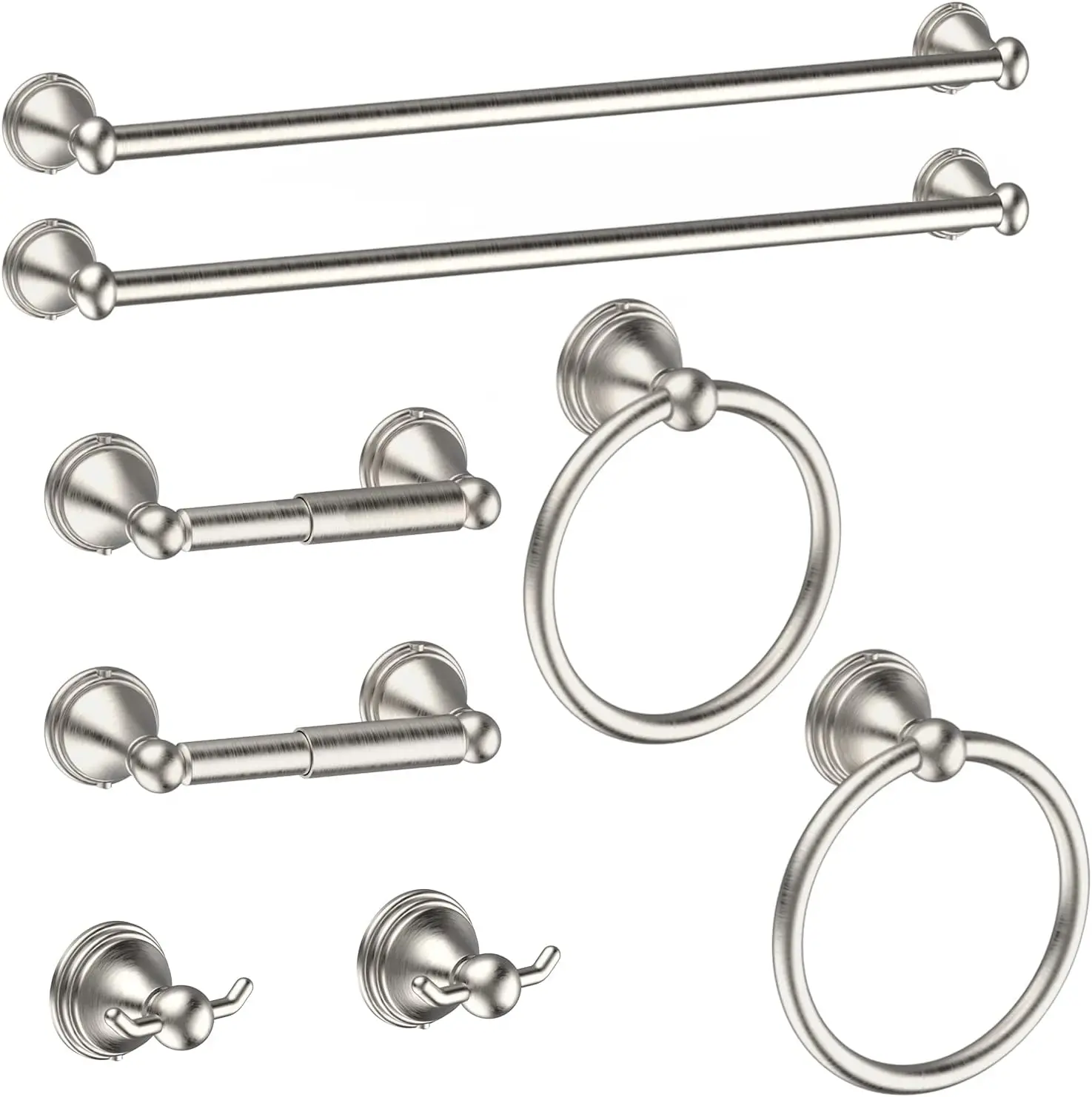 

8-Piece Brushed Nickel Bathroom Set with Towel Bars, Rings, Hooks & Paper Holder - Durable & Easy Install