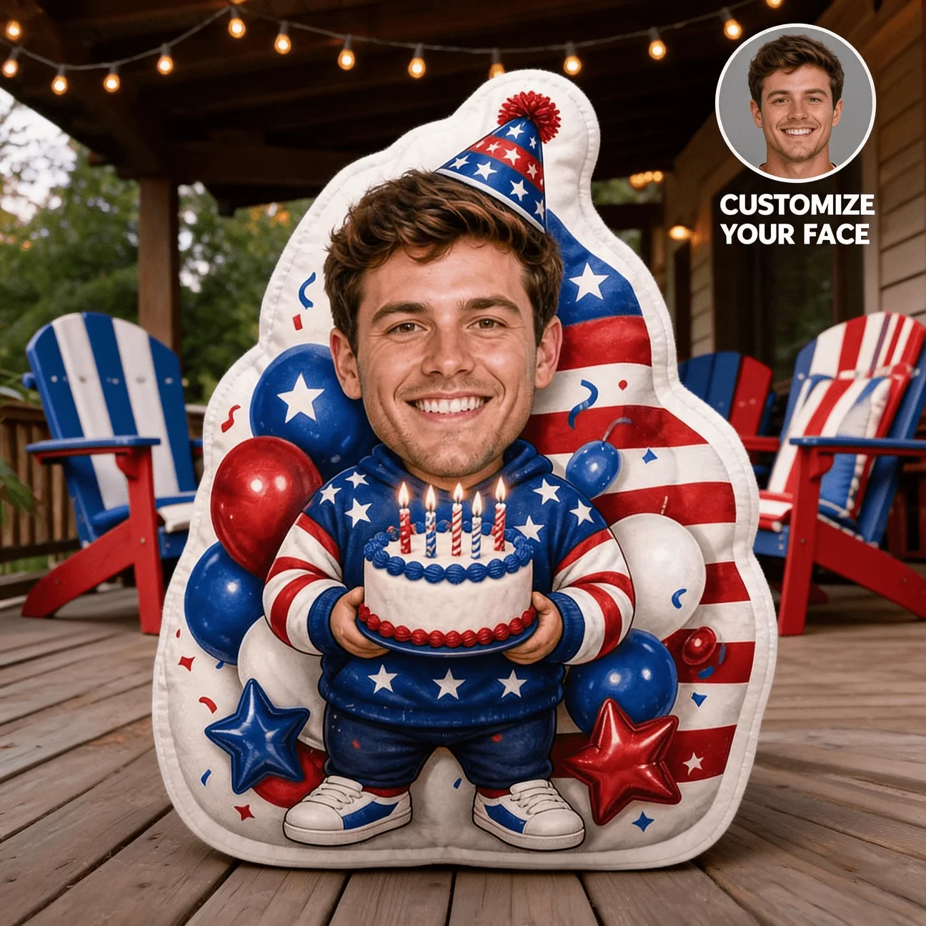 Custom Personalized Photo Face Pillow, Patriotic Birthday Character Custom Shaped Decorative Cushion, 60CM Large Size Accent Pil