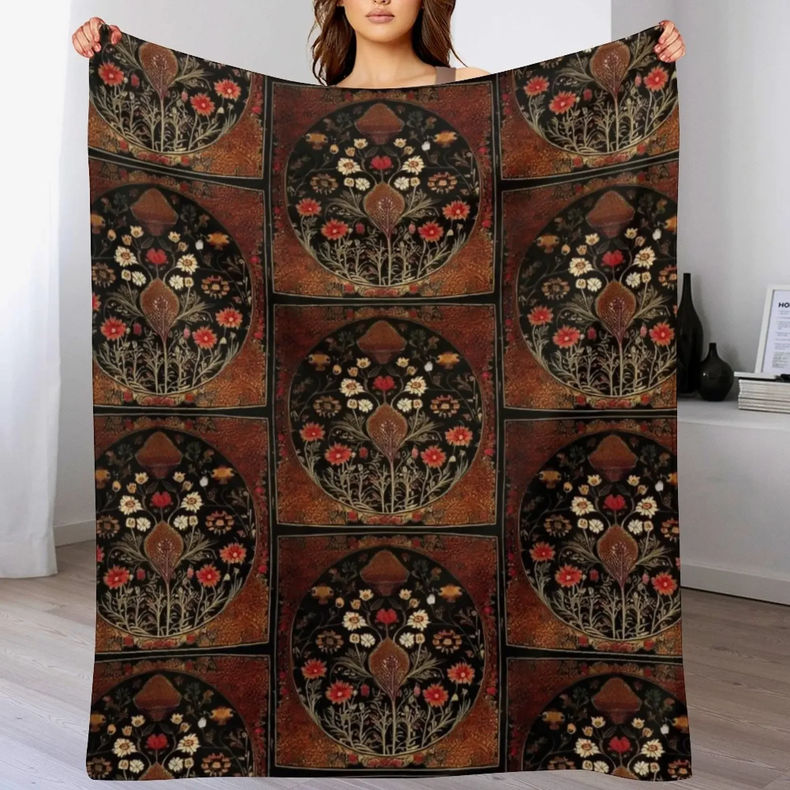 

New Kashmiri carpet Floral pattern black red and gold Throw Blanket Retros Decorative Sofas Bed linens Quilt Blankets