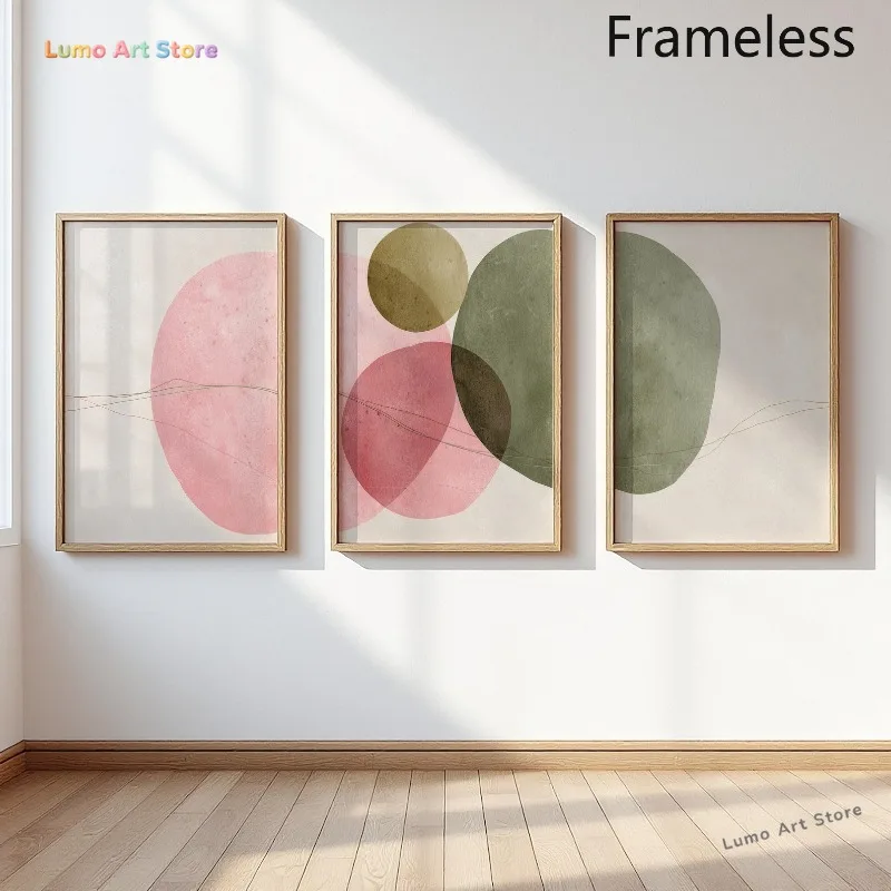 2D Flat, 3pcs Sage Green Blush Pink Olive Abstract Boho Circle Wall Art Posters - Mid-Century Modern Frameless Vertical Minim