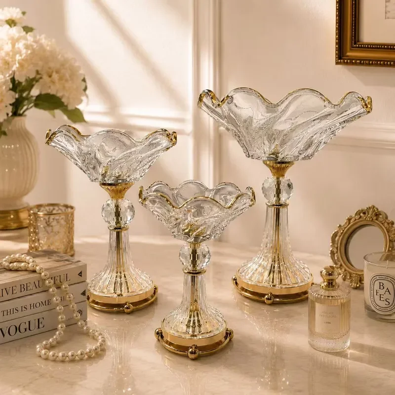 Luxury European Crystal Glass Fruit Plate High Footed Snack Bowl Creative Living Room Coffee Table Decorative Home Ornament