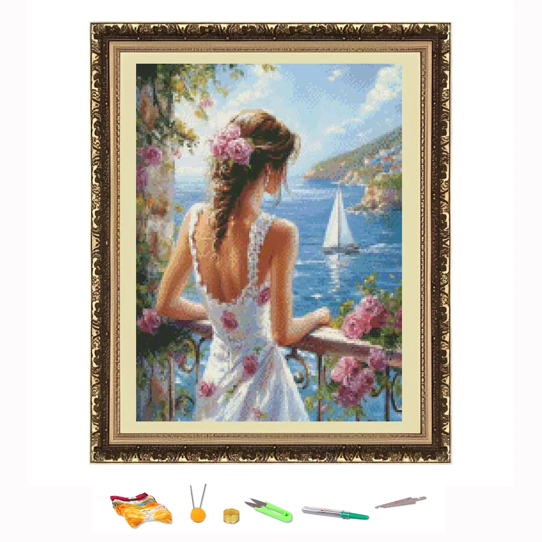 

Cross Stitch Embroidery Kit Girl watching the sea Thread Drawing DIY Needlework Kit Decorate Printed on Canvas11CT