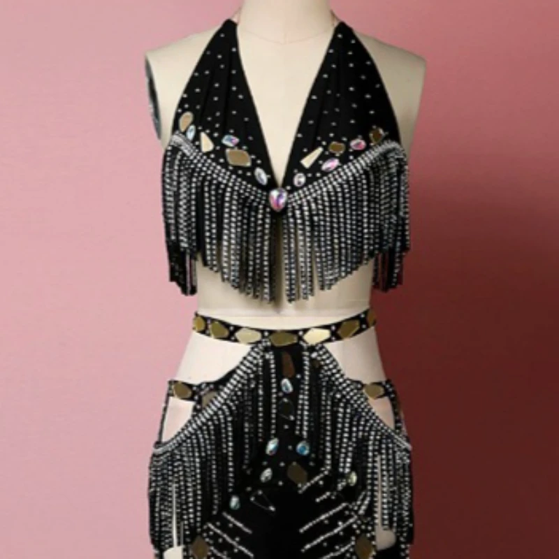 Customized Belly Dancewear Performance Costume Wrapped in Chest Tassel Black Gold Mirror Diamond Straight Tube Set