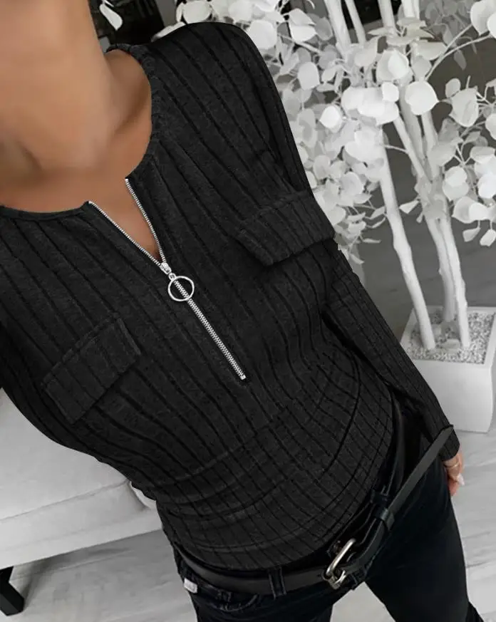 

Slim Fit Long Sleeve Half Zip Flap Detail Ribbed Brushed Top - Comfortable Tee for Casual Wear