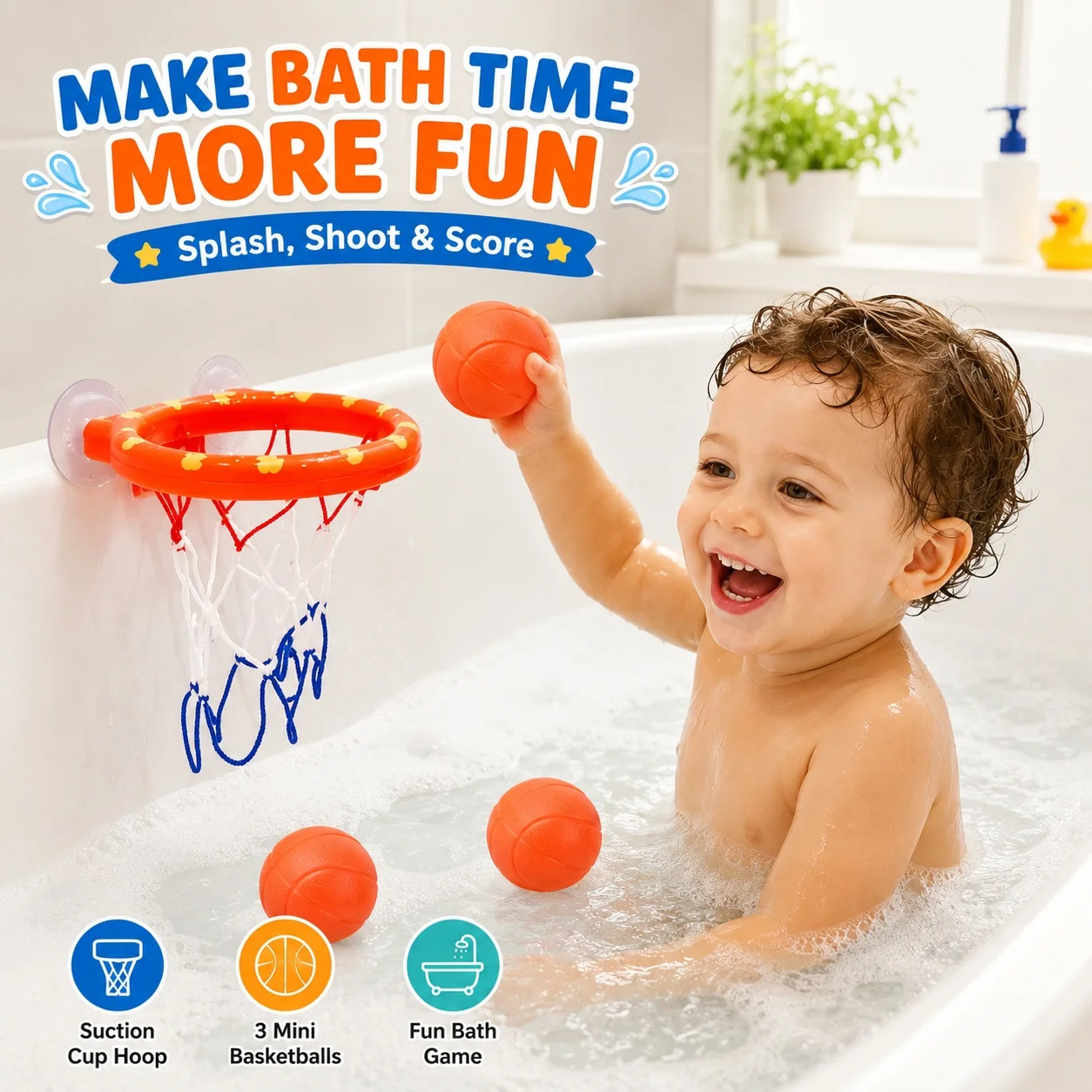 Toddler Bath Basketball Hoop Toy with 3 Soft Balls Strong Suction Cups Bathtub Shooting Game Birthday Gift for Boys Girls