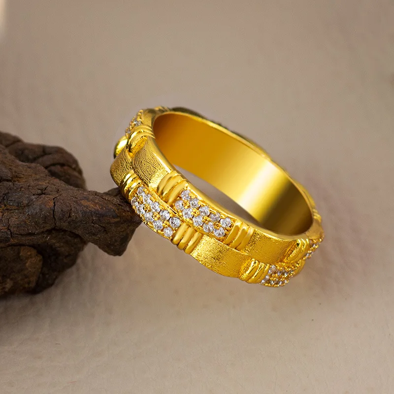 

Medieval style braided brushed 9999 24K real gold dot diamond ring for women, retro, high-end and exquisite temperament ring