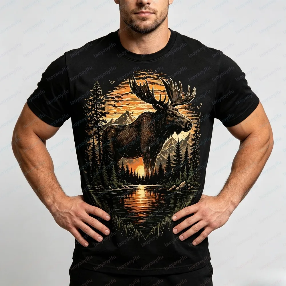 Wildlife Sunset Lake Moose Nature Print Men T-Shirt, Rustic Outdoor Hunting Themed Comfort Fashion Short Sleeve Daily Casual Top