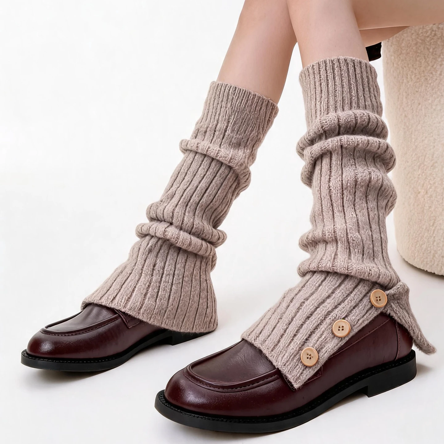 Autumn And Winter Thick Wool Buttons Knitted Split Socks Women's Warm Calves Are Stacked In Wild Leg Covers Gray