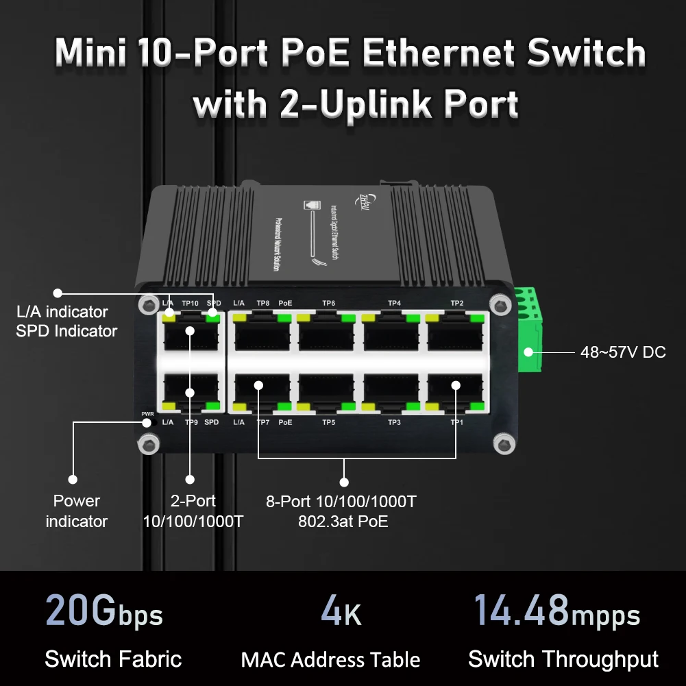 8x 1000M RJ45 + 2x Uplink RJ45 Industrial Switch, DC12-48V Wide Input, Dual Redundant Power, -40~176°F, DIN/Wall Mount Mini Size