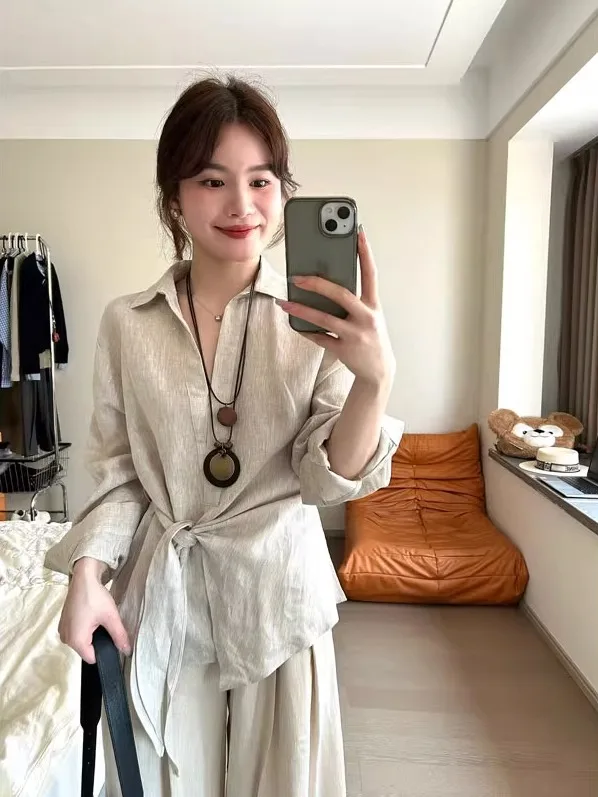 

Korean Style Long Sleeve Shirt Women's Casual Loose Fit Shirt Asymmetrical Design Linen Color Lazy Style Autumn Versatile Shirt