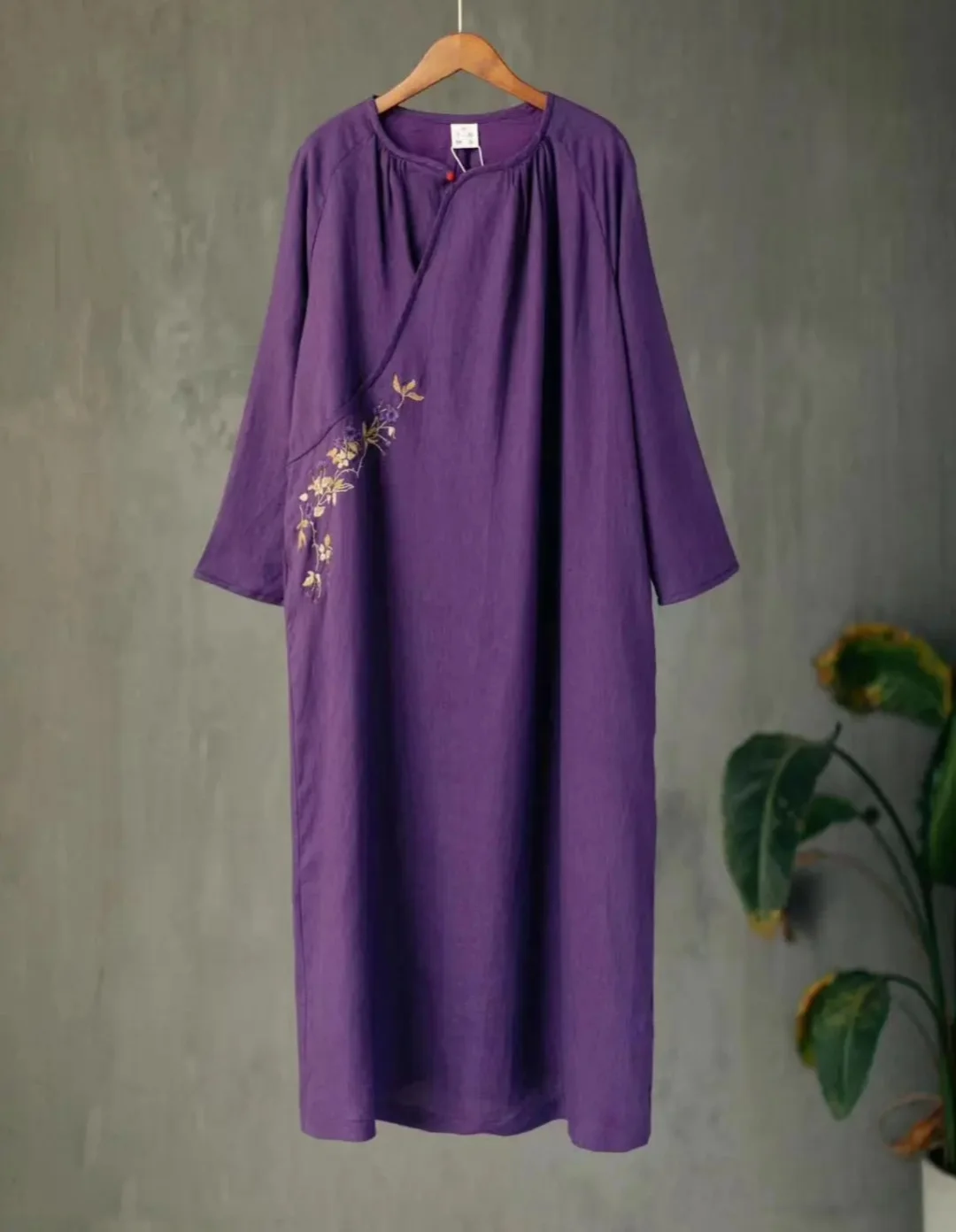 

High quality Long dresses Purple 100% linen loose Vintage Embroidery robe Chinese style one-piece dress woman clothes