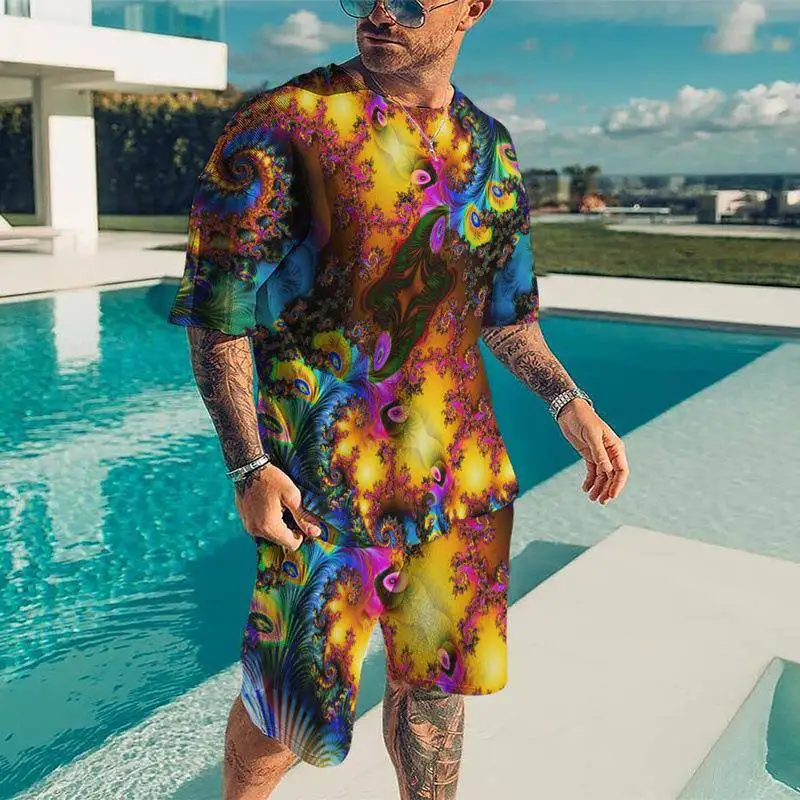 

Men's Casual Summer Fashion Beach Style Texture 3D Digital Print T-shirt And Shorts Set Comfortable Sportswear Autumn Wear