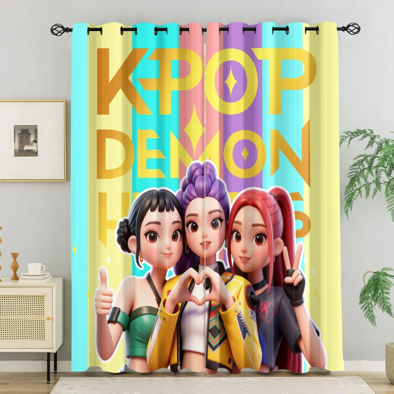 2pcs Kpop Anime Girl Group Curtains Colorful Striped Print Thermal Insulated Blackout Drapes For Bedroom K-Pop Fans Home Decor