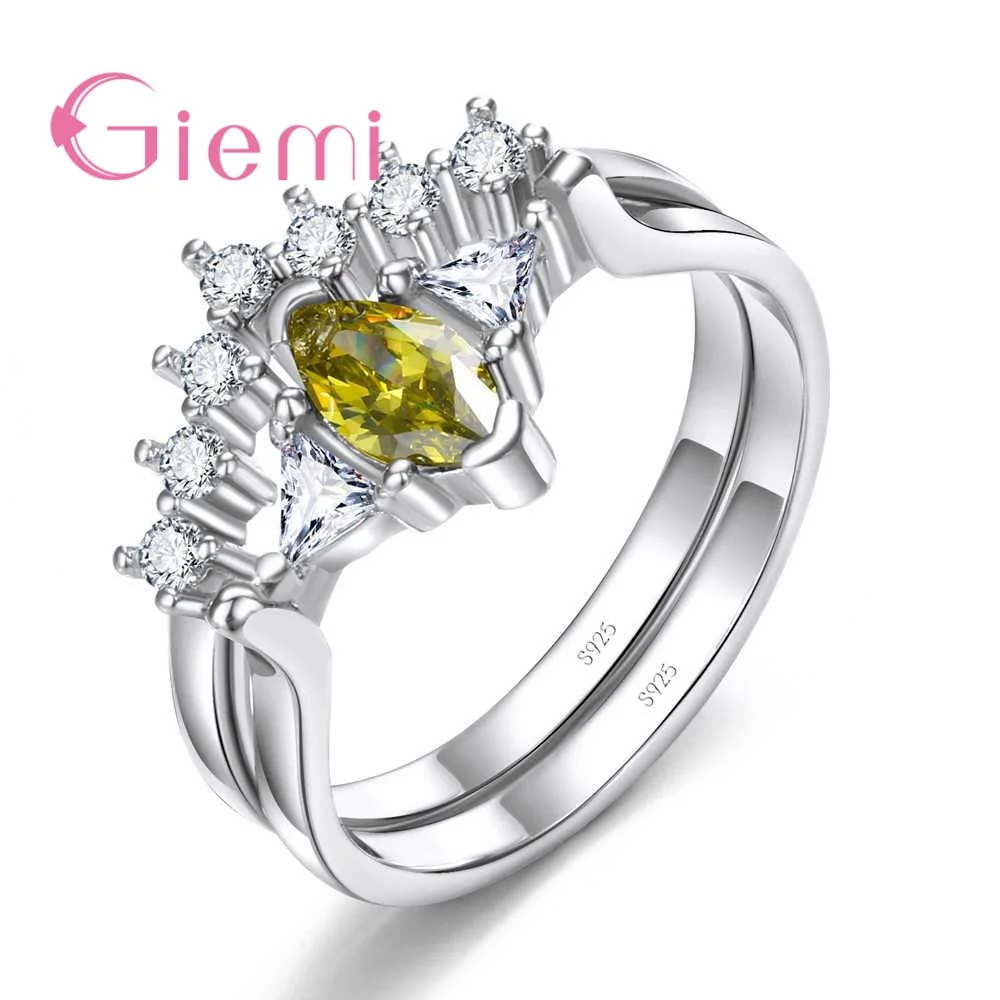 Mysterious 925 Sterling Silver Geometry Yellow Crystal Zircon Rings Set For Women Girls Anniversary Party Fashion Jewelry Gifts
