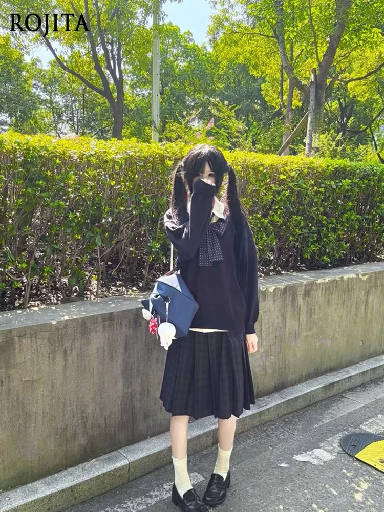 

JK Uniform Girls' High School Dark Gray V-Neck Layered Pullover Sweater Long Sleeve shirt School Style Plaid Skirt Full Set