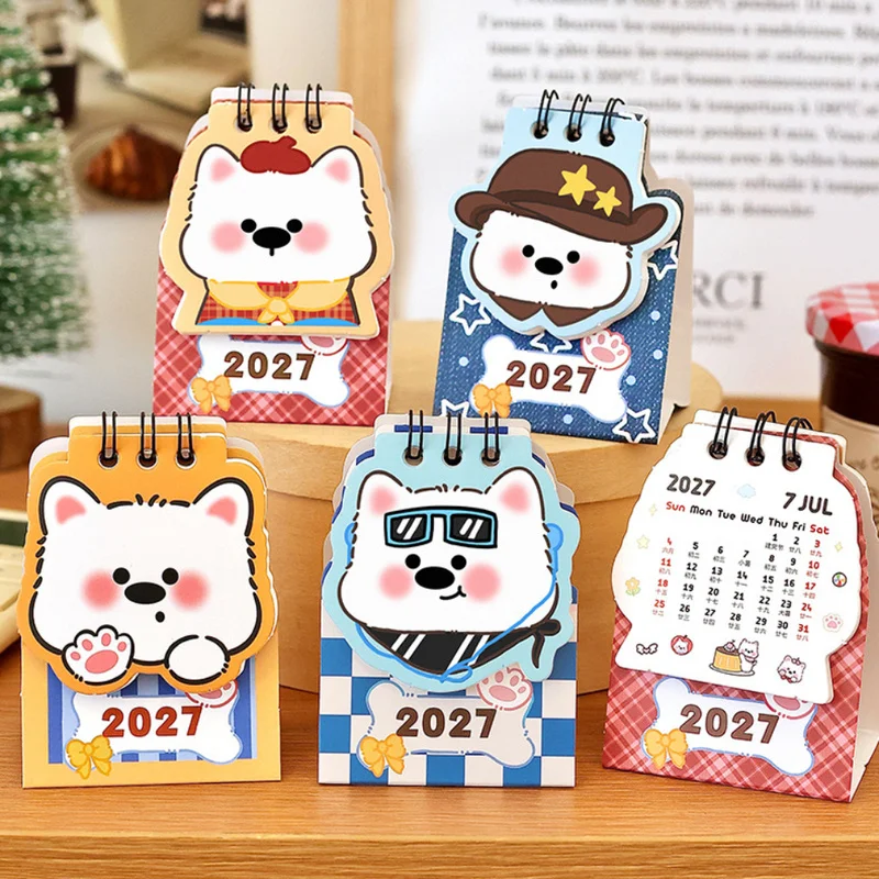 2pcs 2027 Cute Westie Mini Desk Calendar Kawaii Cartoon Table Ornament Student Creative Gift Planner Decoration
