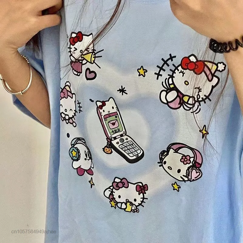 Sanrio Cotton Clothes Short Sleeve T-shirt 2022 Summer New Cartoon Hello Kitty Cute Printed Top Korean Fashion Tshirt Women Tees