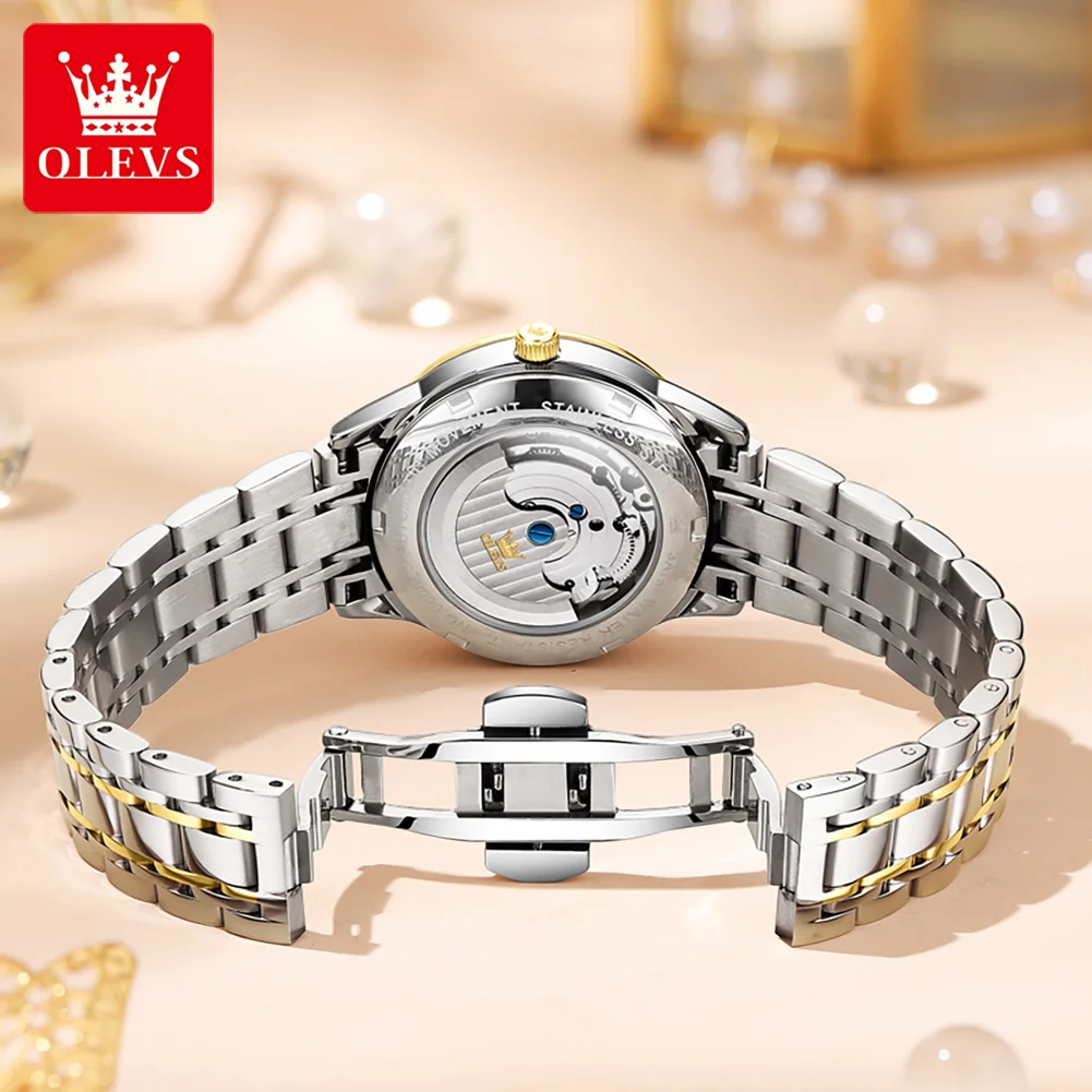 OLEVS Original Moonswatch for Women Automatic Mechanical Watch Skeleton Deisign Elegant Female Waterproof Clock Lady Wristwatch