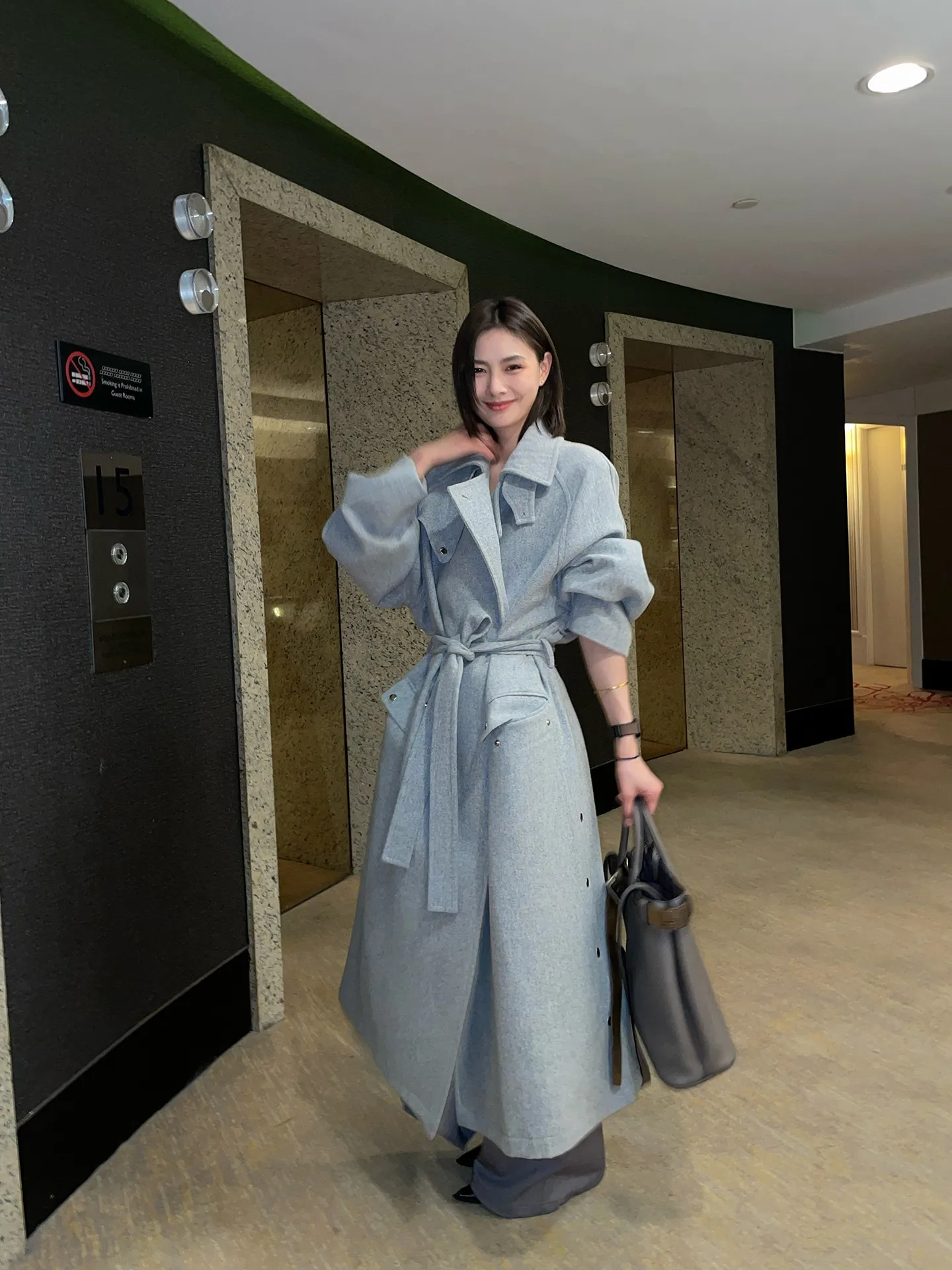 

JCCC adow Dust World Winter Light ey 00% Wool Long Coat Stand Collar Slit Design Women's Premium Faion Outerwear