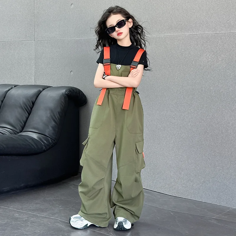 2026 Girls Summer Outfit Cargo Pants High-Neck T-Shirt 2pcs Orange Trim Overalls Loose Straight Jumpsuit Teen Kids Clothes Set