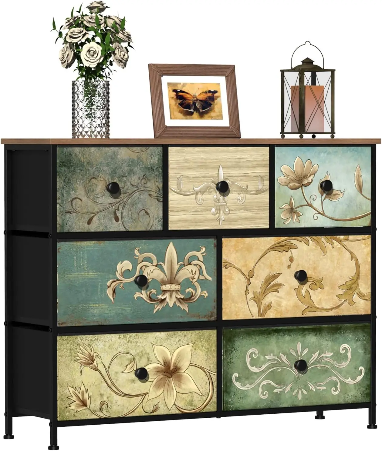 Retro Floral Pattern Fabric Dresser with Wooden Top for Bedroom, Closet, Nursery & Entryway, 7 Drawers