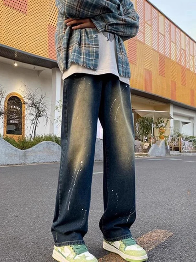 

Waed Denim Jeans High Street Hiphop Men's High Waist Loose Straight Leg Long Pants Spring Autumn Slimming Effect