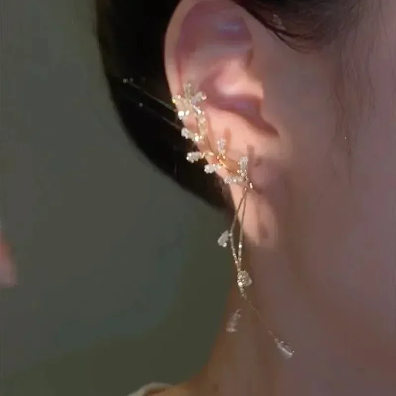 Shiny Zircon Butterfly Ear Cuff Gold Color Tassel Clip on Earrings for Women Copper Earring Without Piercing Jewelry ear loop