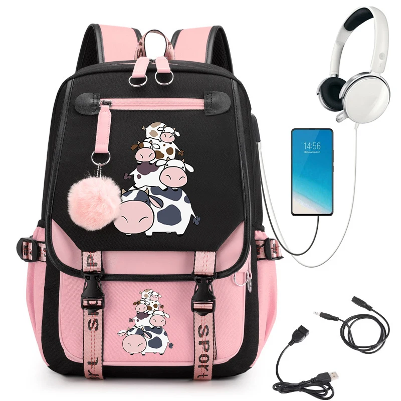 

Cow Anime Schoolbag for Girls Large Capacity Student Backpack High School Student Backpack Bags Cartoon Bagpack Usb Kawaii Bags