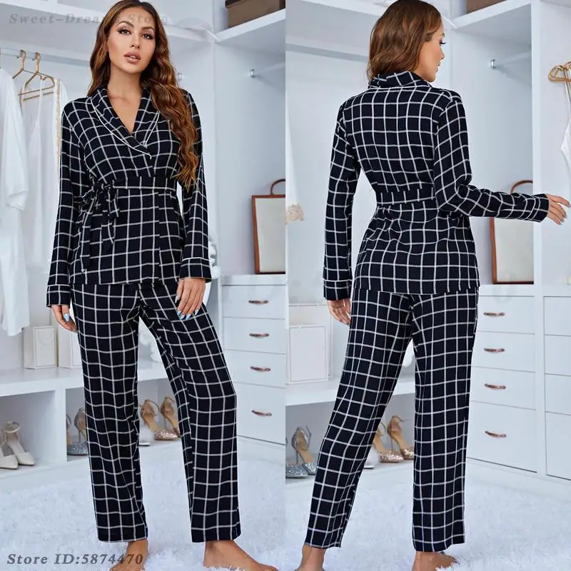 Long Sleeved Pajamas Set Fashion Checkered Homewear Sleepwear Loose Casual Top&trouser Intimate Lingerie Satin Lounge Wear