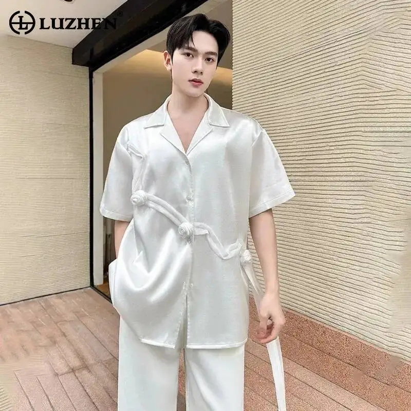 LUZHEN Shirts 2026 Solid Color High Quality Satin Short Sleeve Men's Luxury Elegant Ribbon Tassel Three-dimensional Tops JY8027