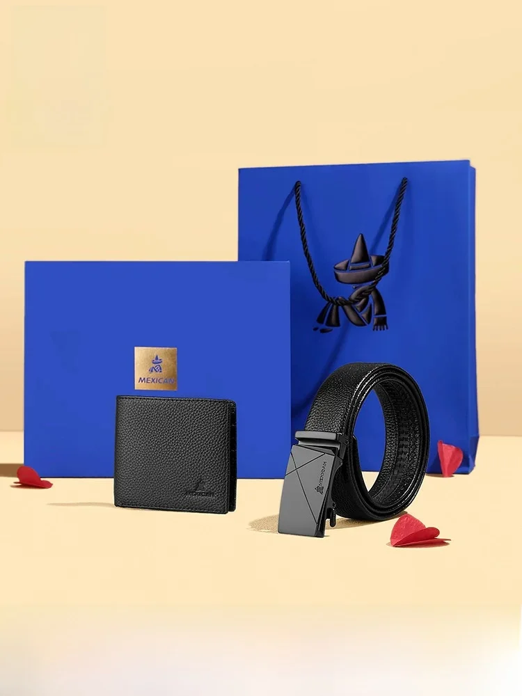 genuine-leather-belt-wallet-set-gift-box-short-style-men's-birthday-dad-mexican-straw-man-business-ol-fashion-polyester
