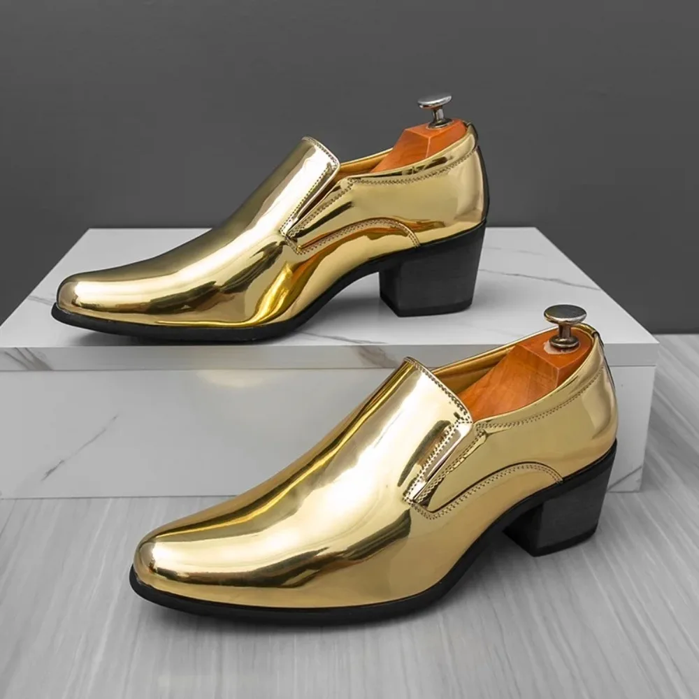 

New British Fashion Men's Gold Pointed Thick-soled Height Increasing Cuba Shoes Male Moccasins Wedding Prom Homecoming Footwear