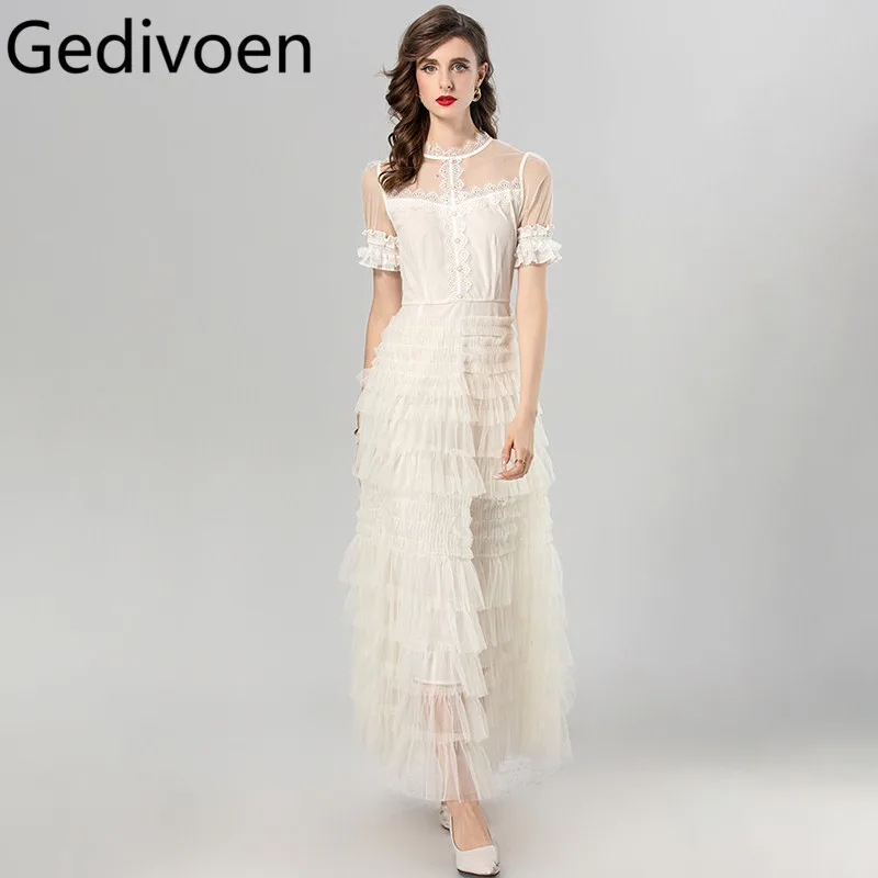 

Gedivoen Summer Fashion Runway Designer Dresses Women's Solid Color Net Yarn Cascading Ruffle Single Breasted Sexy Dresses