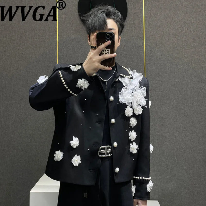

WVGA Spring Autumn New Men 3D Flowers Pearls Trendy Turn-Down Collar Suit Jacket Niche Chic Casual Long Sleeve Blazer Ins W16470