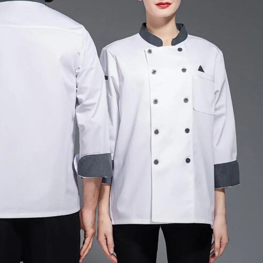 Chaqueta de Chef profesional de doble botonadura, diseño de bolsillo de cuello alto, manga larga para restaurante, Color sólido