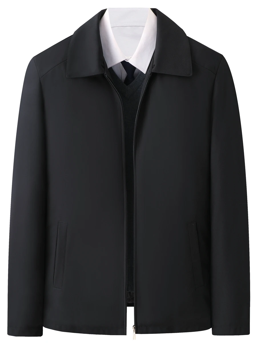 

Men's Busin Casual Jaet Mid-aged Dad Clothes Spring Autumn Flip Collar Coat Warm Polyester Long Sve Faion Ci Wear
