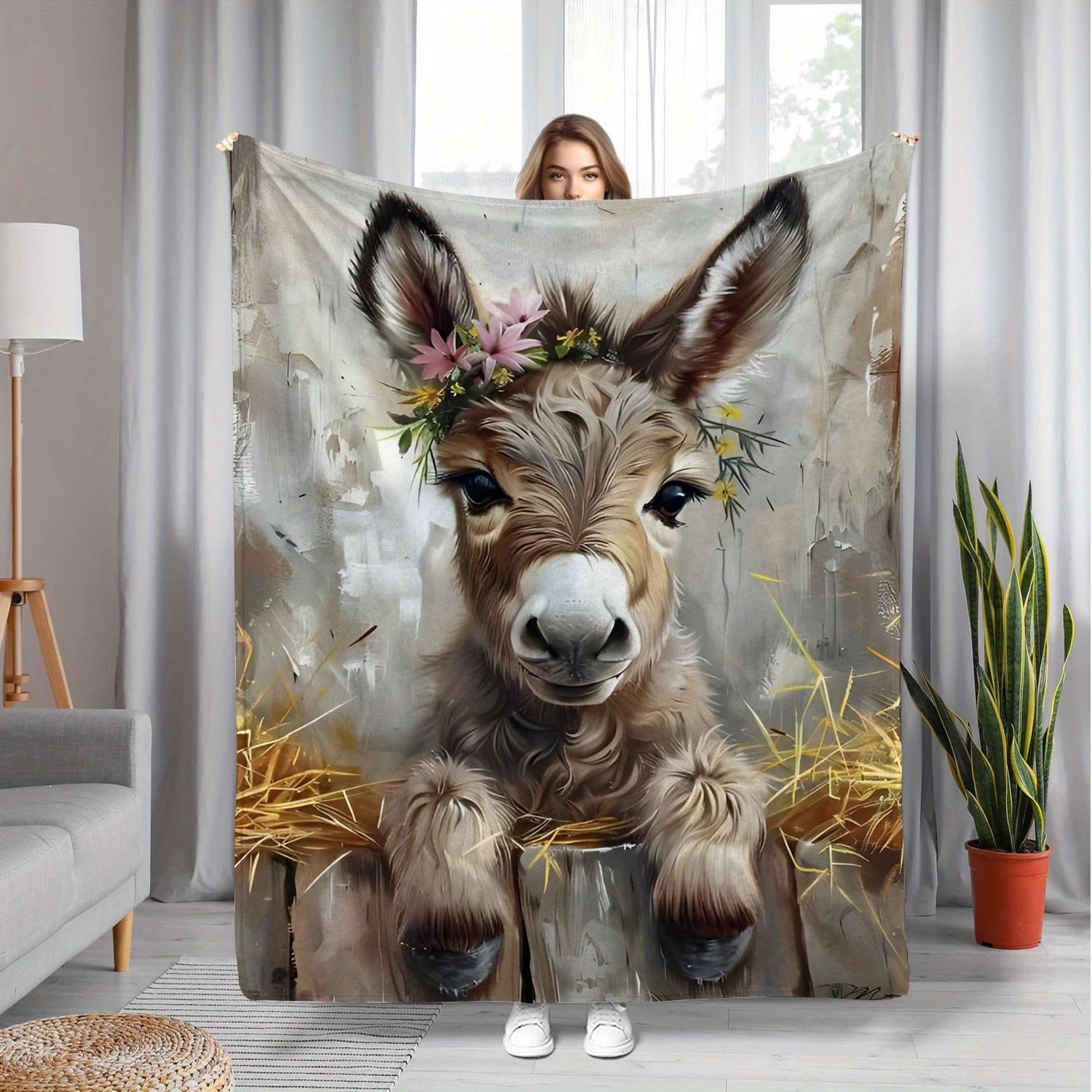 Soft Cozy Warm Winter Donkey Print Flannel Blanket, Contemporary Digital Printed Polyester Bedspread, All-Season Festival Gift