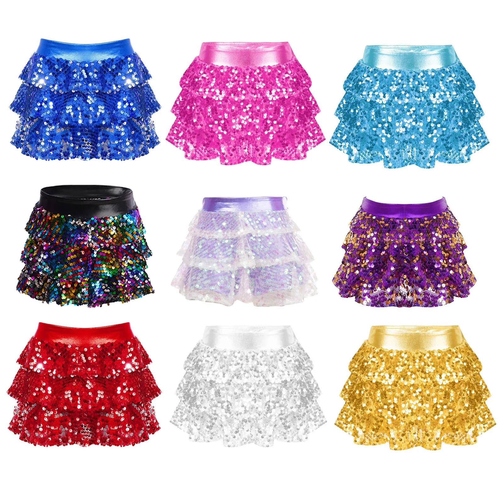 Kinder Mädchen Glänzende Pailletten Tiered Rüschen Latin Jazz Rock Shorts Metallic Culottes Hip Hop JAZZ Dance Bühnenkostüm – Detail 2