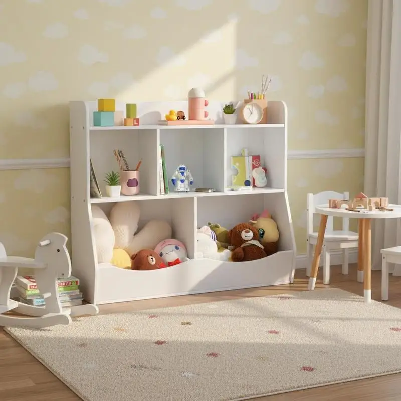 

Children Storage Cabinet 47 x 13 x 30 Inches For Kids Room Playroom Nursery 5 Compartments Bookshelf Multipurpose Organizer Wooden Structure White Finish