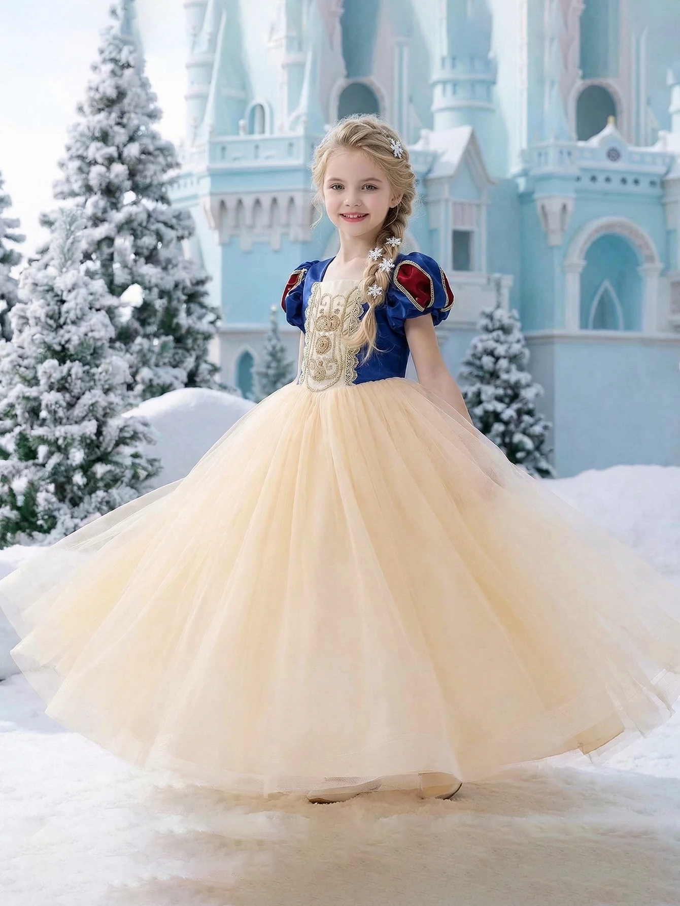 Tween Girl Square-neck Bubble Short-Sleeve Deep Blue Satin with Champagne-Colored Netting Party Dress,Daily Wear,Formal Events