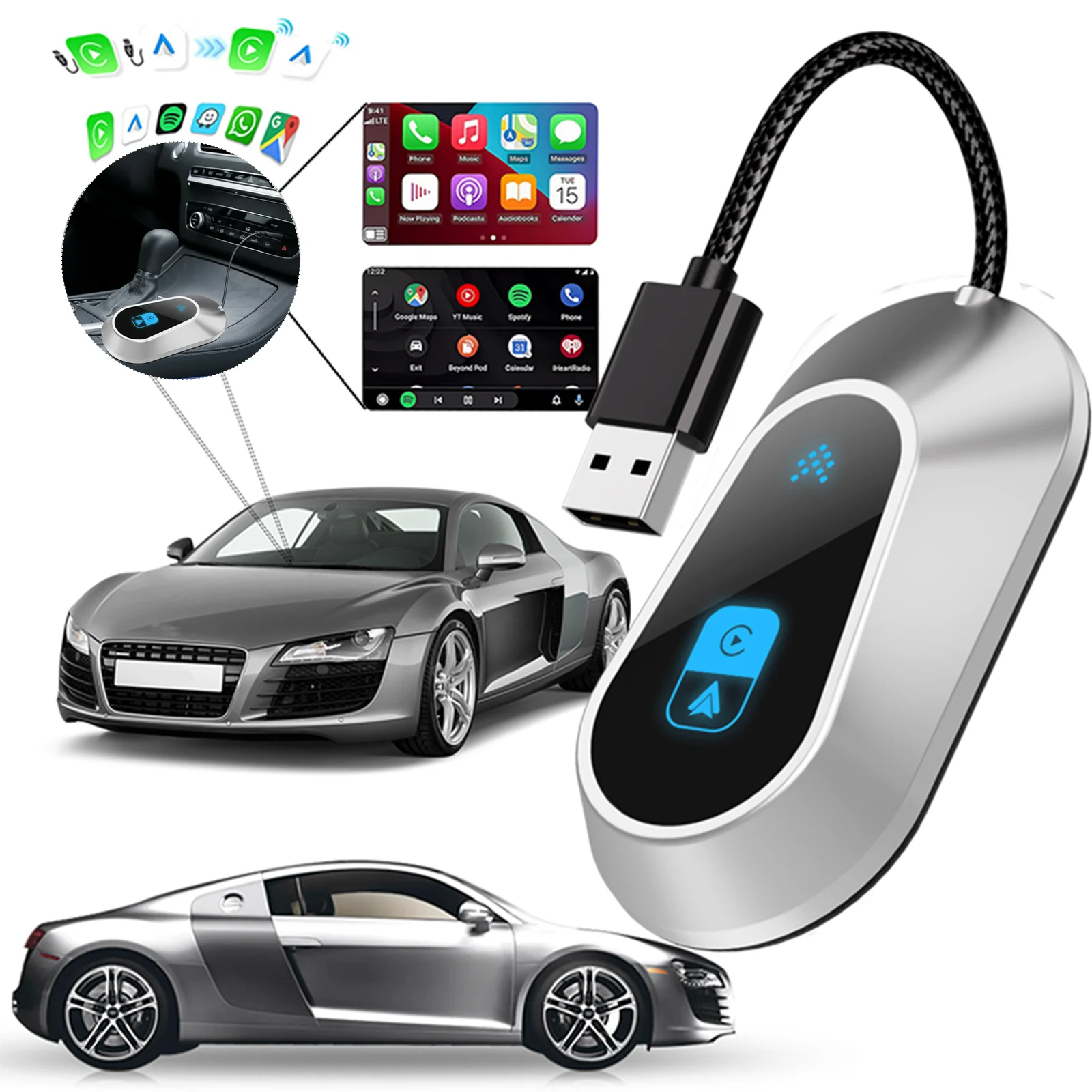 2in1 Wireless Android Auto Adapter & CarPlay Box AI Smart Conversion Car Intelligent Systems For Car With Wired Android Auto