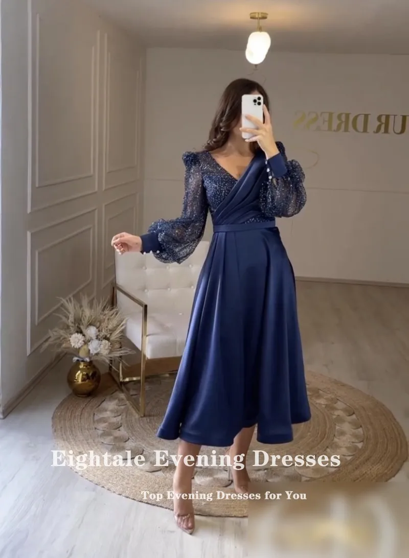 Eightale Navy Blue Short Evening Dress for Wedding Party Customized Satin Gliiter Prom Gown Long Puffy Sleeves Celebrity Gown