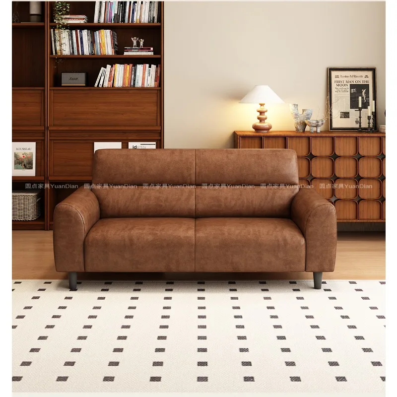 Medieval three-person small apartment oil wax leather sofa living room 26 new retro double cowhide sofa straight row