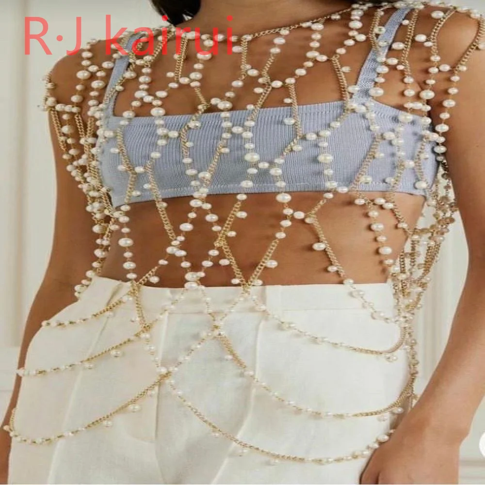 RJ Fashion Women Sexy Metal Acrylic Body Chain Imitation Pearls Top Dress Masquerade Stage Party Jewelry Accessories