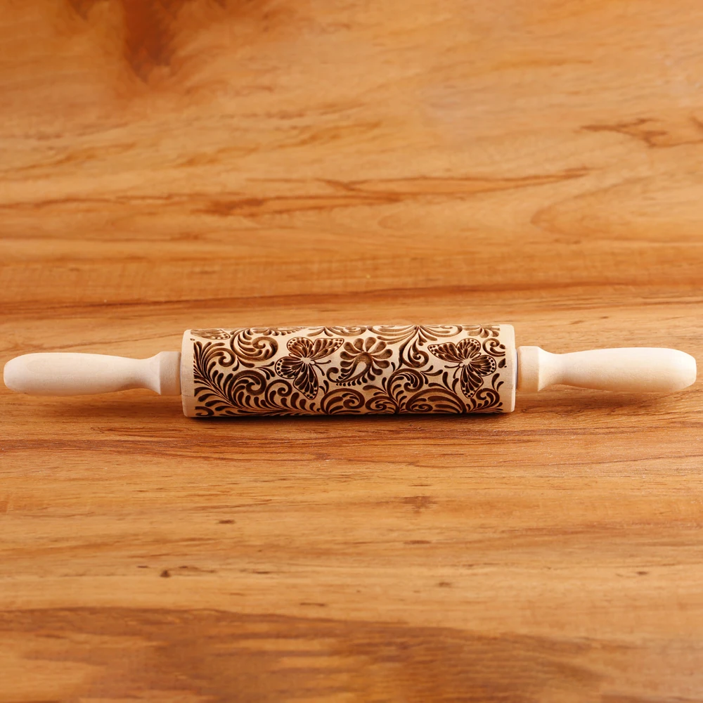 1pc 13.7in Wooden Butterfly Embossed Rolling Pin For Kitchen Pastry Baking Tools Tree Vine Deep Engraving Cookies Stamp Tool