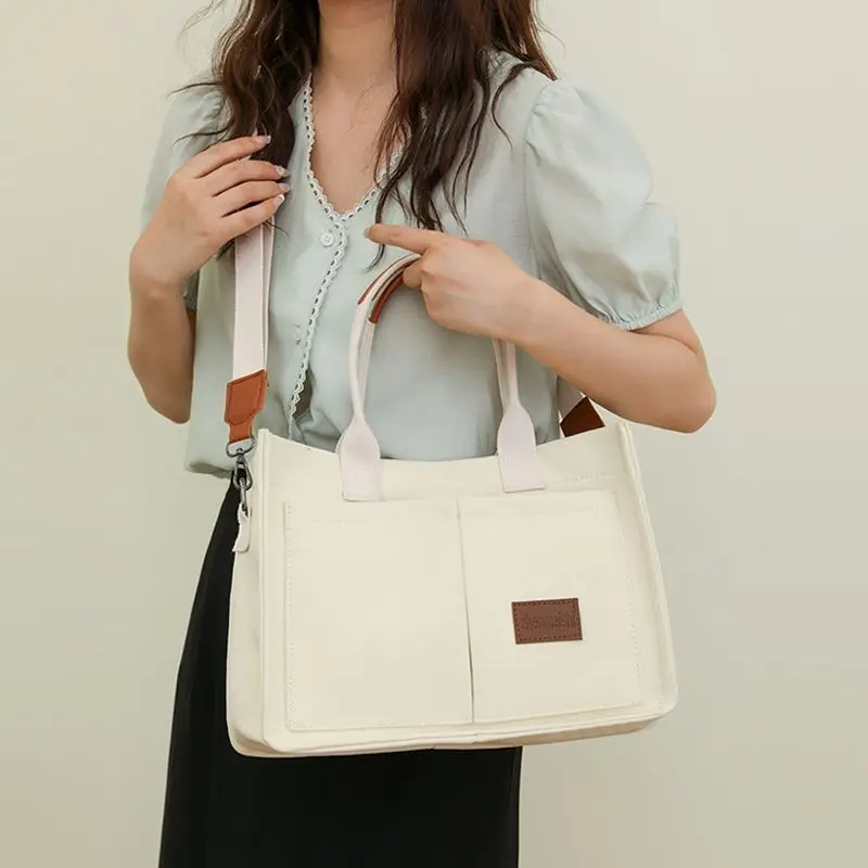 

Casual Large Capacity Women Canvas Shoulder Bags Multiple Pockets Ladies Crossbody Bag Simple Female Square Handbags Travel Tote