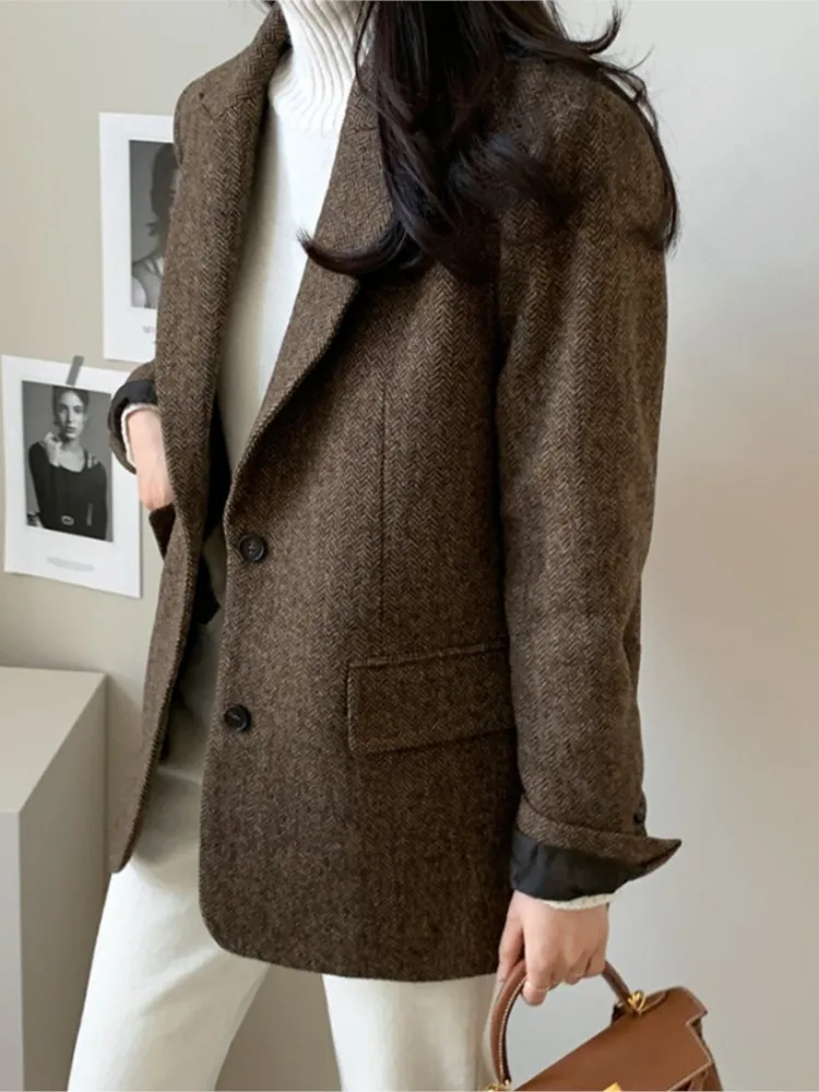 Women Elegant Autumn Blazer Jackets Turn Down Collar Buttoned Style Chic Business Workwear Loose Suit Coat New Arrival